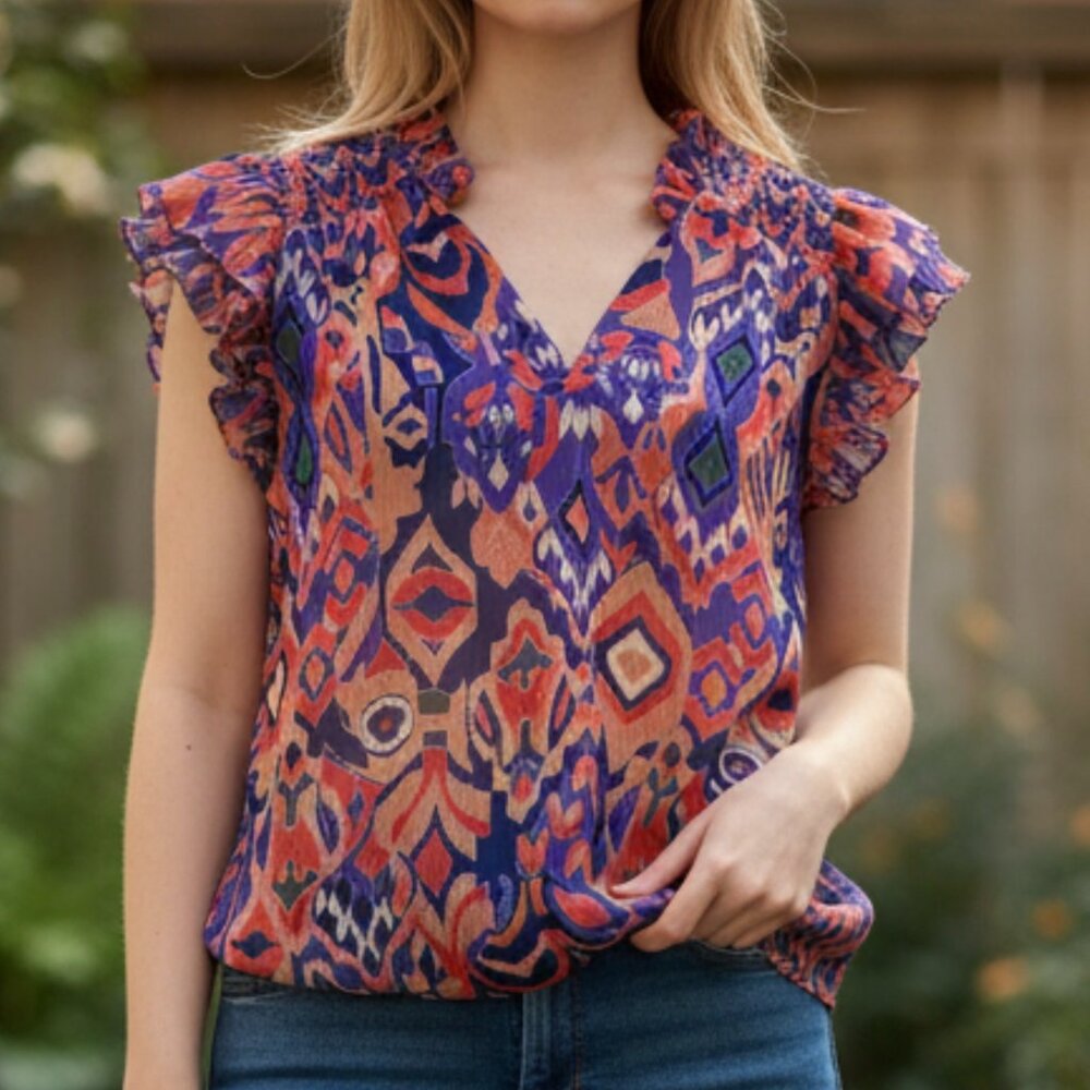 Willa Story Smocked Flutter Sleeve Boho Print Ruffled Top size XS